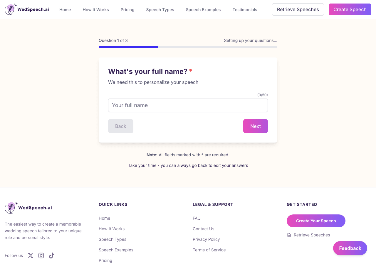 WedSpeech.ai speech details form