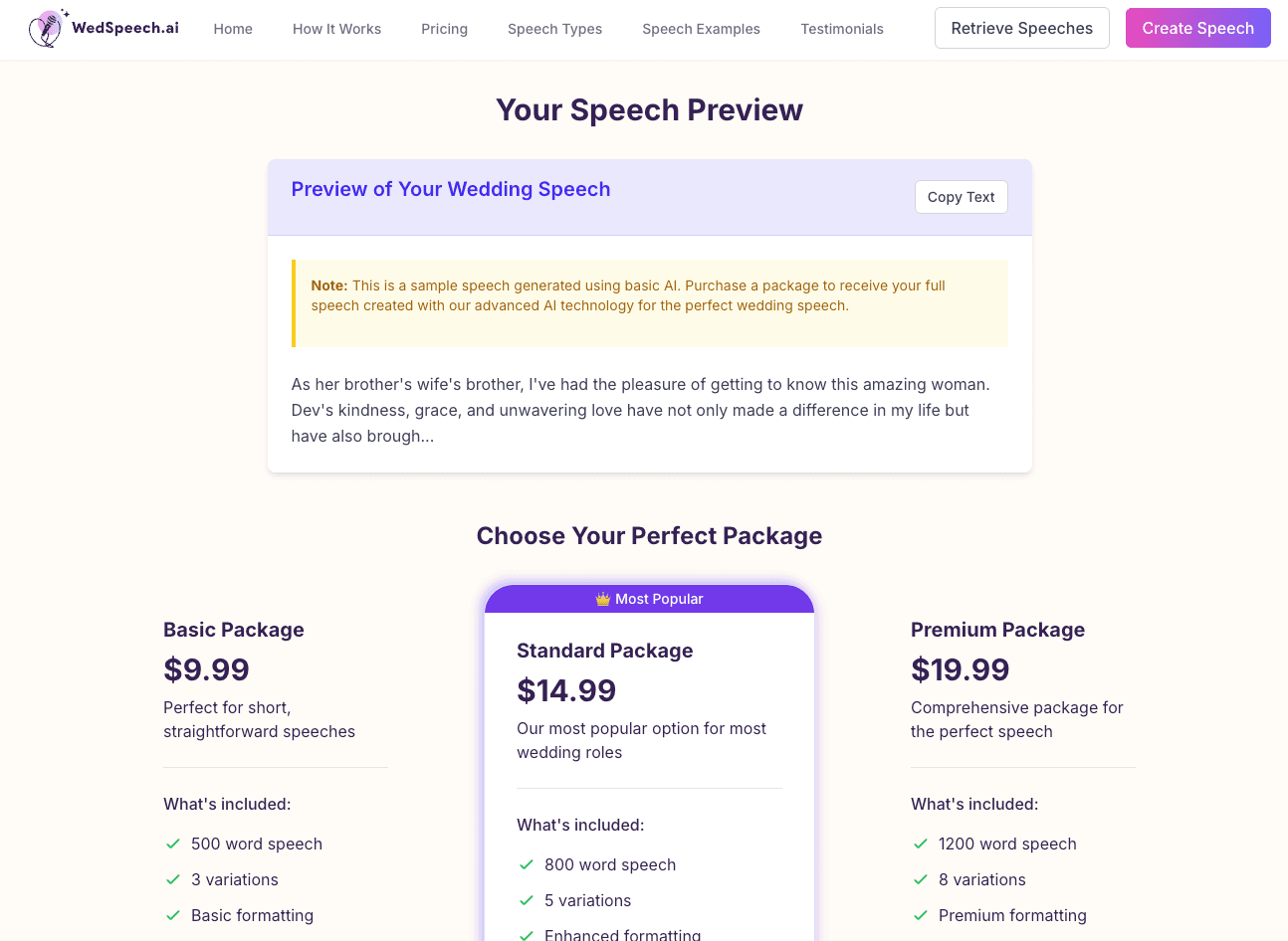 WedSpeech.ai speech preview shown before payment, with the package options below it