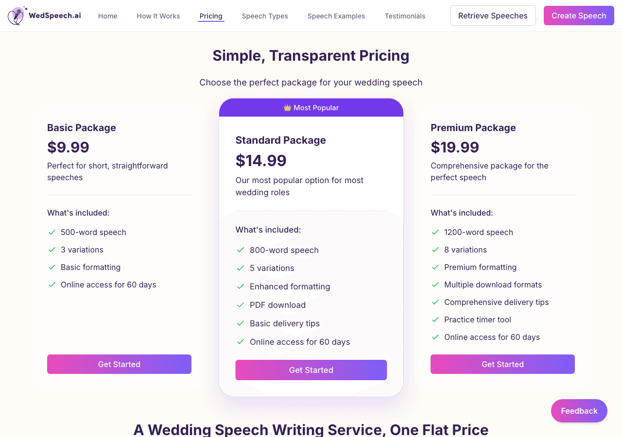 WedSpeech.ai pricing packages