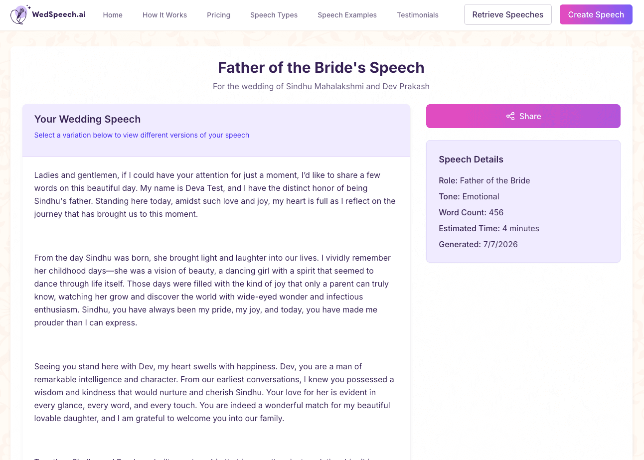 A finished WedSpeech.ai wedding speech with variation selector, share button and speech details